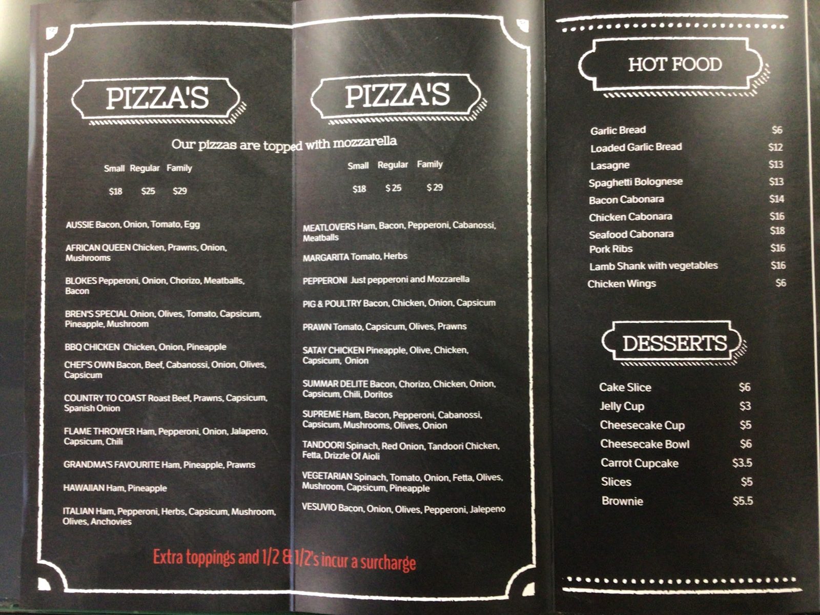 The full printed menu with pizzas, hot food and desserts